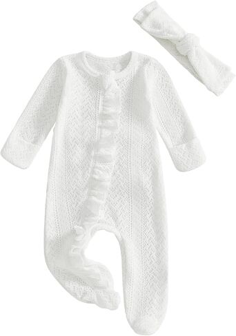 Newborn Baby Girl Footies Solid Color Long Sleeve Ruffled Trim Zipper Footed Onesie Infant One Piece Jumpsuit Headband in Kuwait