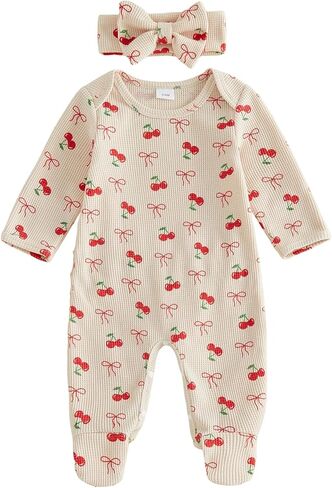 Baby Girl Fall Clothes Cheey Bowknot Footies Waffle Crew Neck Long Sleeve Fall Romper Jumpsuit with Headband in Kuwait