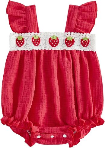 FYBITBO Newborn Baby Girl Strawberry Outfit Smocked Bubble Romper Sleeveless Ruffle Linen Bodysuit Infant Summer Clothes in Kuwait