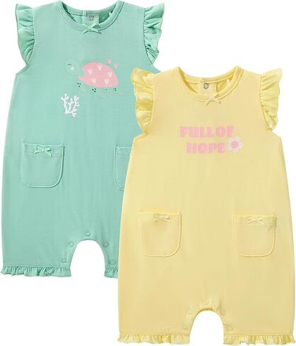 TRND O&X Baby Girl 2-Pack Cotton Rompers, Ruffle Sleeve Sleeveless Outfit, Soft Cotton Summer Clothes with Cute Prints in Kuwait