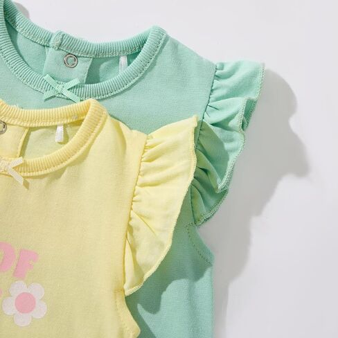 TRND O&X Baby Girl 2-Pack Cotton Rompers, Ruffle Sleeve Sleeveless Outfit, Soft Cotton Summer Clothes with Cute Prints in Kuwait