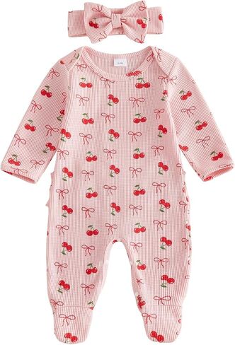Newborn Girl Waffle Knit Footed Romper | Long Sleeve, Cherry/Bow Pattern, Baby Coming Home Clothes, Bow Headband, Fall Winter Outfit in Kuwait