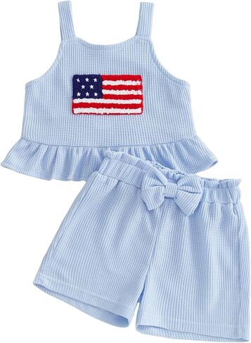 GOOCHEER Toddler Girl Clothes Baby 4th of July Outfit Ruffle Sleeveless Vest Tank Top Shorts Set 12 18 24 Month 2T 3T 4T 5T in Kuwait