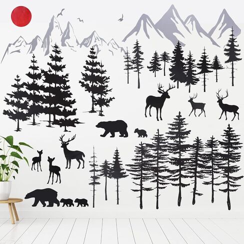 Outus 3 Sheets Mountain Forest Bear Wall Decals Stickers Pine Tree Wall Decals Trees Wall Stickers Deer Forest Decals for Kids Nursery Bedroom Living Room Decor,11.8 x 35.4 Inches in Kuwait