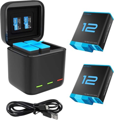 REYGEAK Battery Charger Kit for GoPro Hero 12 11 10 9 Black, Portable Charger 3-Channel Battery Charging + 2 Pack Battery for Go Pro 12 11 10 9 Original Batteries Accessories in Kuwait