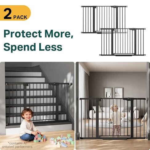 Cumbor 2-Pack 29.7-51.5 in Extra Wide Baby Gate for Stairs, Dog Gate Black | Auto Close & Double Lock for Doorways, One-Hand Open Child Gate for Toddler & Pets Indoor, Pressure or Hardware Mounted in Kuwait