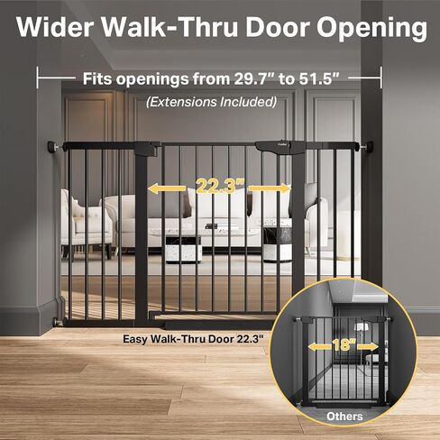 Cumbor 2-Pack 29.7-51.5 in Extra Wide Baby Gate for Stairs, Dog Gate Black | Auto Close & Double Lock for Doorways, One-Hand Open Child Gate for Toddler & Pets Indoor, Pressure or Hardware Mounted in Kuwait