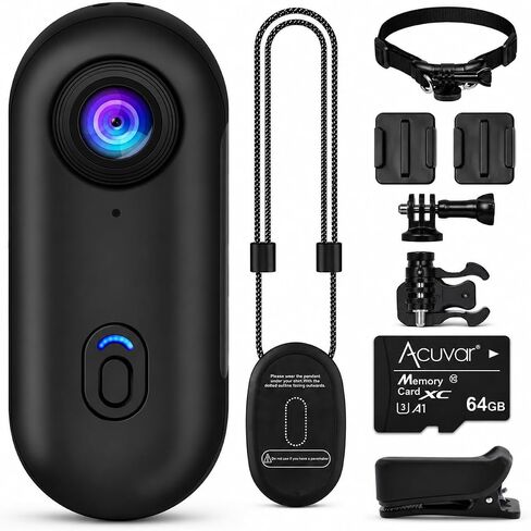 Acuvar Mini Body Camera 1080P with 64GB, Wearable POV Camera Kit with Dog Collar Mount, Head Strap & Handheld Tripod, Hands-Free Body Cam for Pet Walking, Travel, Work, Action Recording (Black) in Kuwait