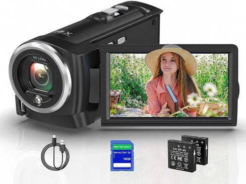 2.7K Video Camera QHD 56MP Camcorder 16X Digital Zoom | Vlogging Cameras for YouTube 270 Degree Rotation Screen Camcorders Webcam with 16G SD Card and 2 Batteries in Kuwait