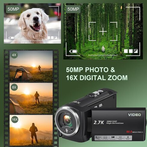 2.7K Video Camera QHD 56MP Camcorder 16X Digital Zoom | Vlogging Cameras for YouTube 270 Degree Rotation Screen Camcorders Webcam with 16G SD Card and 2 Batteries in Kuwait