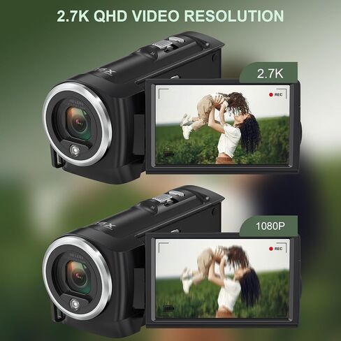 2.7K Video Camera QHD 56MP Camcorder 16X Digital Zoom | Vlogging Cameras for YouTube 270 Degree Rotation Screen Camcorders Webcam with 16G SD Card and 2 Batteries in Kuwait
