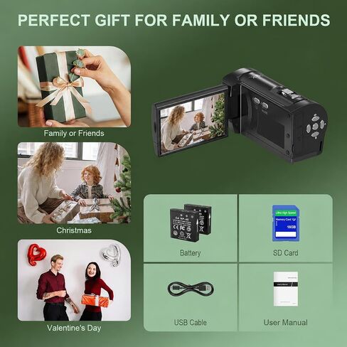 2.7K Video Camera QHD 56MP Camcorder 16X Digital Zoom | Vlogging Cameras for YouTube 270 Degree Rotation Screen Camcorders Webcam with 16G SD Card and 2 Batteries in Kuwait