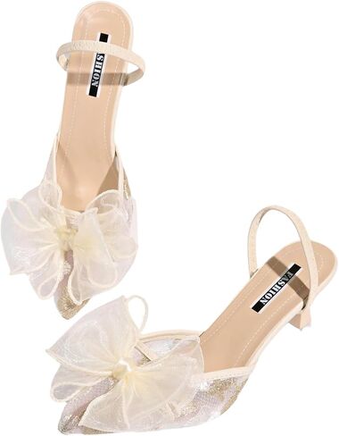BEAUDRM Women's Lace Kitten Heels Bow Dressy Mini Heels Slingback Heeled Sandals Pointed Closed Toe Wedding Guest Pumps Shoes in Kuwait