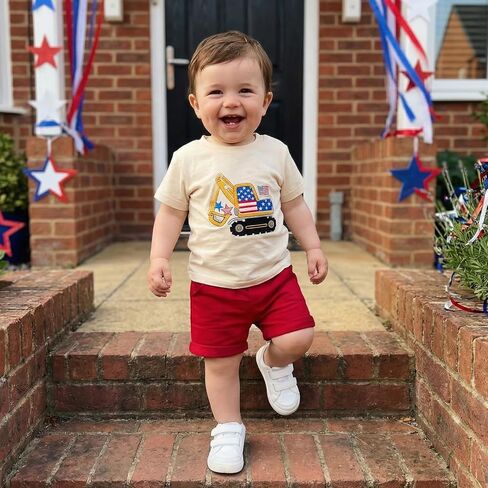 4th of July Toddler Boy Outfit Baby Excavator Firework Embroidered Short Sleeve T-Shirt Tops Shorts Set Summer Clothes (Red American Flag, 12-18 Months) in Kuwait