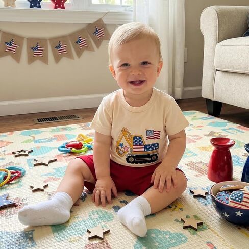 4th of July Toddler Boy Outfit Baby Excavator Firework Embroidered Short Sleeve T-Shirt Tops Shorts Set Summer Clothes (Red American Flag, 12-18 Months) in Kuwait
