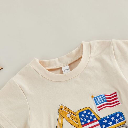 4th of July Toddler Boy Outfit Baby Excavator Firework Embroidered Short Sleeve T-Shirt Tops Shorts Set Summer Clothes (Red American Flag, 12-18 Months) in Kuwait