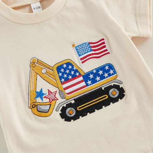 4th of July Toddler Boy Outfit Baby Excavator Firework Embroidered Short Sleeve T-Shirt Tops Shorts Set Summer Clothes (Red American Flag, 12-18 Months) in Kuwait