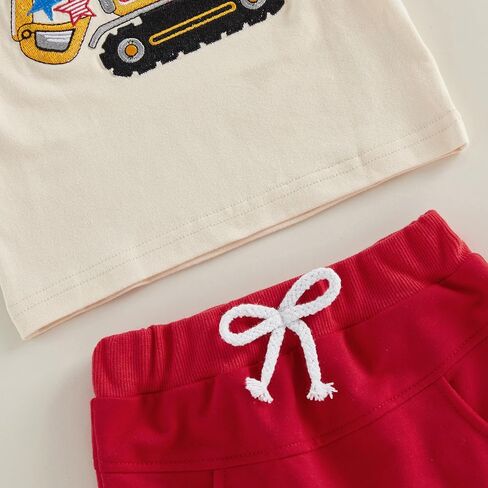 4th of July Toddler Boy Outfit Baby Excavator Firework Embroidered Short Sleeve T-Shirt Tops Shorts Set Summer Clothes (Red American Flag, 12-18 Months) in Kuwait