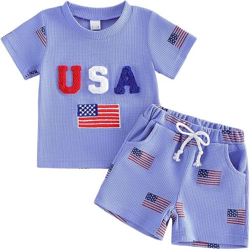 Toddler Baby Boy 4th of July Outfit USA Flag/Stars Waffle Short Sleeve T-Shirt Shorts Set Patriotic Summer Outfit in Kuwait