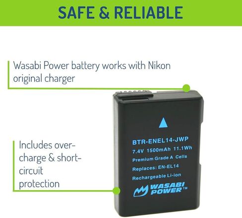 Wasabi Power Battery for Nikon EN-EL14, EN-EL14a and Nikon Coolpix P7000, P7100, P7700, P7800, D3100, D3200, D3300, D5100, D5200, D5300, Df in Kuwait