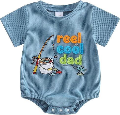 Baby Boy Waffle Romper Reel Cool Dad Fishing Embroidery Short Sleeve Bodysuit Shirt Newborn One-Piece Clothes in Kuwait