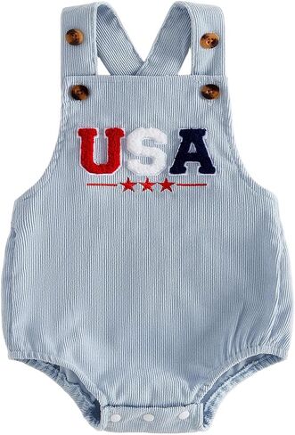Baby Boy Girl 4th of July Outfit Sleeveless Corduroy Overalls American Flag Romper Bodysuit Infant Patriotic Clothes in Kuwait