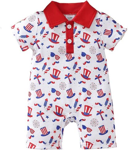 Baby Boys Patriotic Print Polo Romper Red White Blue Outfit for 1M-18M Infants in Kuwait