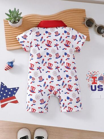 Baby Boys Patriotic Print Polo Romper Red White Blue Outfit for 1M-18M Infants in Kuwait