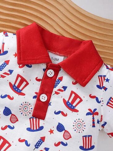 Baby Boys Patriotic Print Polo Romper Red White Blue Outfit for 1M-18M Infants in Kuwait