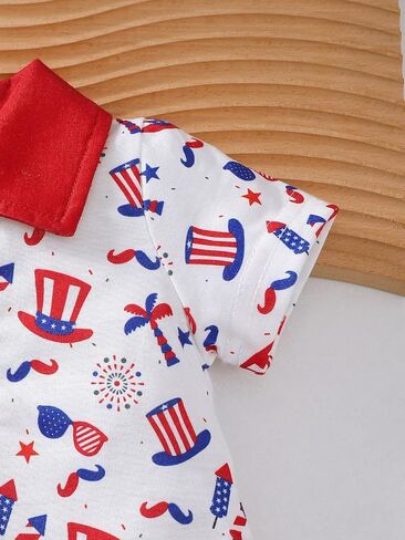 Baby Boys Patriotic Print Polo Romper Red White Blue Outfit for 1M-18M Infants in Kuwait