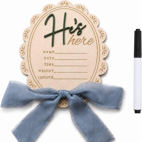 Baby Announcement Sign with Pen, He's Here Wooden Newborn Boy Sign | 15 cm scalloped wood name plaque with bow for hospital photos, nursery flat lays, and keepsake displays (Blue He's here-1) in Kuwait