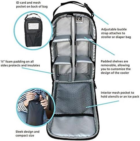 J.L. Childress Pack 'N Protect for Baby Bottles - Insulated Breast Milk Cooler Travel Bag for Moms, Portable Storage for Glass Baby Bottles & Food Containers, For Daycare or On the Go - Black in Kuwait