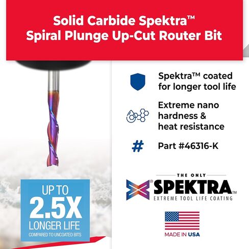 Amana Tool Spektra Extreme Tool Life Coated Solid Carbide Spiral Plunge Router Bit, 46316-K, 1/4 Dia x 1-1/8 CH x 1/4 Shank 3 Inch Long Up-Cut in Kuwait
