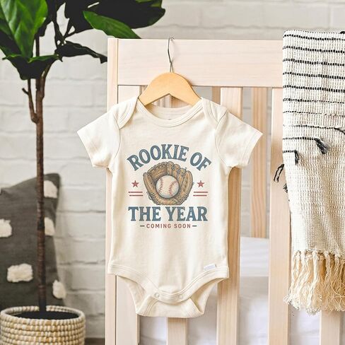 Rookie Of The Year Baseball Pregnancy Reveal Bodysuit (0-3 Month, Natural) | Coming Soon Baby Announcement, Baseball Glove Graphic, Sports Family in Kuwait
