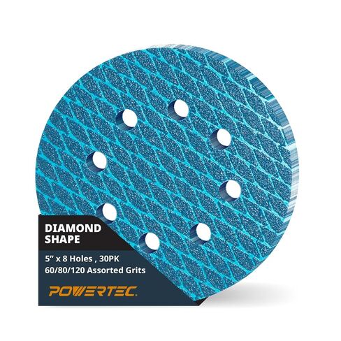 POWERTEC 5 Inch 8-Hole Hook and Loop Diamond Shaped Sanding Discs, 30-Pack Assorted Grits (60/80/120) for Random Orbital Sanders –J-Weight Cloth Backing for Long Life, Anti-Clog Sandpaper (44900) in Kuwait