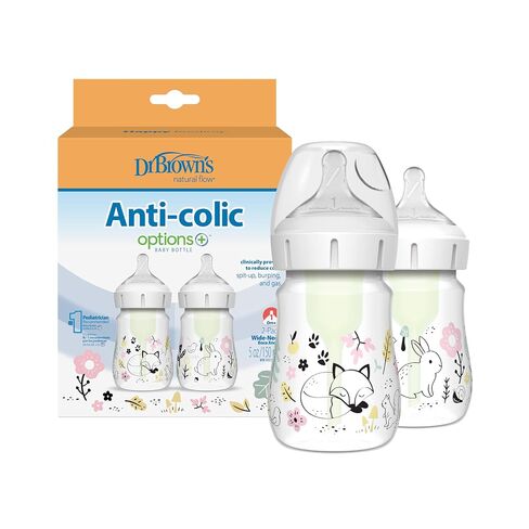 Dr. Brown's Anti-Colic Options+ Wide-Neck Baby Bottle Designer Edition Bottles, Woodland Decos, 5 oz/150 mL, Level 1 Nipple, 0m+, 2-Pack in Kuwait