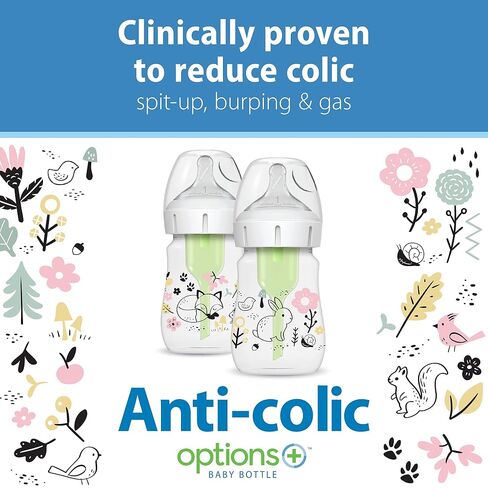 Dr. Brown's Anti-Colic Options+ Wide-Neck Baby Bottle Designer Edition Bottles, Woodland Decos, 5 oz/150 mL, Level 1 Nipple, 0m+, 2-Pack in Kuwait