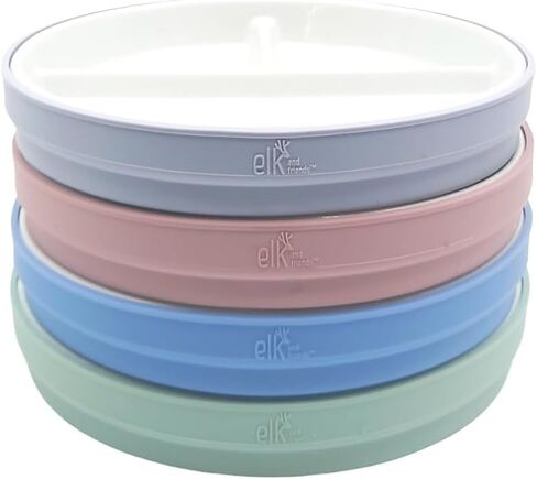 Elk and Friends Kids 7.8" Porcelain White Plates with Silicone Sleeves | Divided Plates | Suitable for Kids/Toddlers | Microwave & Dishwasher Safe | Non Slip | Snack Dishes… in Saudi Arabia