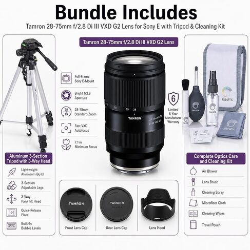 Tamron 28-75mm f/2.8 Di III VXD G2 Full-Frame Zoom Lens for Sony E-Mount with Tamron 6-Year Warranty, Bundle with 3-Section Aluminum Tripod & Cleaning Kit in Kuwait