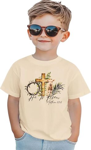 KEKEMI Kid Toddler Boys Easter Shirts He is Risen T Shirt Matthew 26:8 Cross Tees Christian Outfit Jesus Short Sleeve Tops in Kuwait