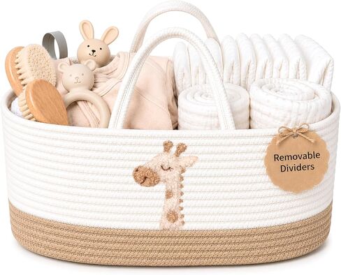 Baby Diaper Caddy Organizer - Giraffe Safari Nursery Storage Rope Basket | Spacious diaper caddy organizer with 3 compartments for 30+ diapers, wipes, creams, bottles and burp cloths in Kuwait