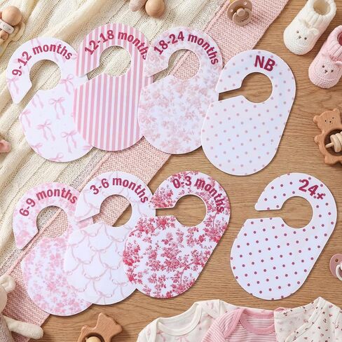 8 Pcs Pink Bow Baby Closet Dividers Double-sided Baby Girl Clothes Closet Hanger Dividers Wardrobe Organizer Coquette Preppy Nursery Decor for Sorting 8 Sizes from Newborn to 24+ Months in Kuwait