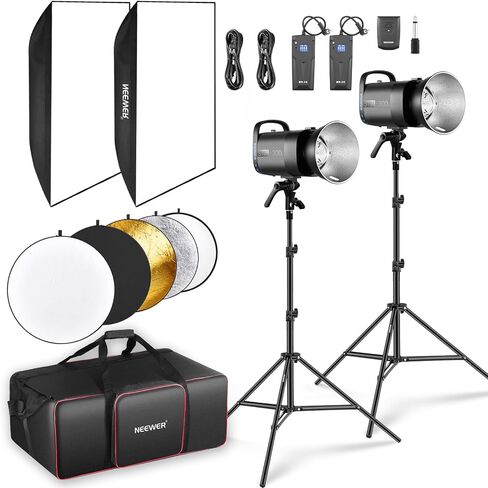 NEEWER 600Ws Studio Monolight Flash Light Kit: 2 Pack S101-300W 5600K Strobe Lights with 150W Modeling Lamps/Bowens Mount/Softboxes/Stands, Reflector/RT-16 Trigger/Bag for Photography Portrait Product in Kuwait