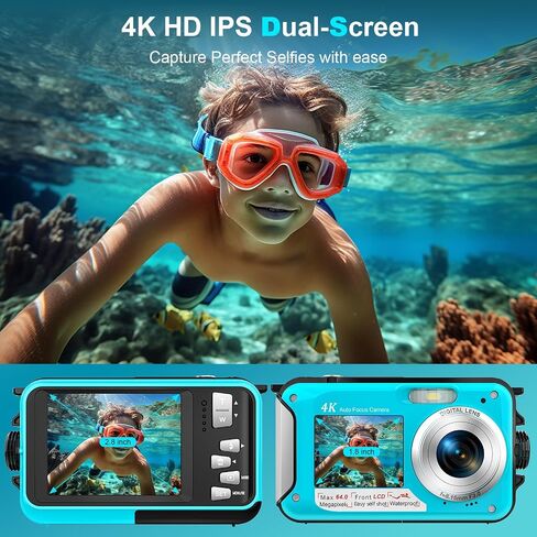 Waterproof Digital Camera, 64MP 4K Autofocus Underwater Camera, 16FT Submersible Snorkeling Camera, Dual Screen Selfie 16X Zoom Camera Include 32GB Card in Saudi Arabia