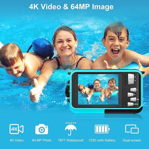 Waterproof Digital Camera, 64MP 4K Autofocus Underwater Camera, 16FT Submersible Snorkeling Camera, Dual Screen Selfie 16X Zoom Camera Include 32GB Card in Saudi Arabia