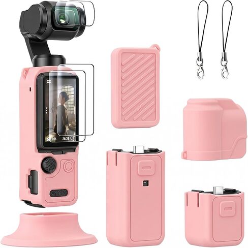 AMAZEAR Silicone Case Compatible with DJI OSMO Pocket 4, Pocket4 Accessories Soft Skin Protective Cover Combo with Tempered Glass Lens Screen Protectors, Silicone Base Stand, Black in Kuwait