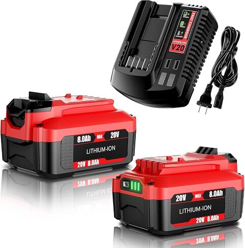 BATTOOL 2Pack 8.0Ah Replacement Craftsman 20V Battery and Charger Set for V20 Series CMCB202 CMCB204 CMCB205 CMCB206 CMCB201 CMCB100 CMCB124 Cordless Tools with CMCB104 Craftsman 20V Battery Charger in Kuwait