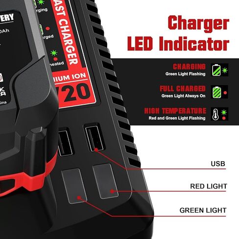 BATTOOL 2Pack 8.0Ah Replacement Craftsman 20V Battery and Charger Set for V20 Series CMCB202 CMCB204 CMCB205 CMCB206 CMCB201 CMCB100 CMCB124 Cordless Tools with CMCB104 Craftsman 20V Battery Charger in Kuwait