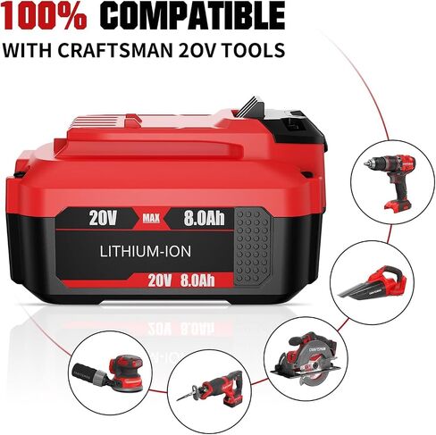 BATTOOL 2Pack 8.0Ah Replacement Craftsman 20V Battery and Charger Set for V20 Series CMCB202 CMCB204 CMCB205 CMCB206 CMCB201 CMCB100 CMCB124 Cordless Tools with CMCB104 Craftsman 20V Battery Charger in Kuwait