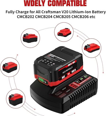 BATTOOL 2Pack 8.0Ah Replacement Craftsman 20V Battery and Charger Set for V20 Series CMCB202 CMCB204 CMCB205 CMCB206 CMCB201 CMCB100 CMCB124 Cordless Tools with CMCB104 Craftsman 20V Battery Charger in Kuwait